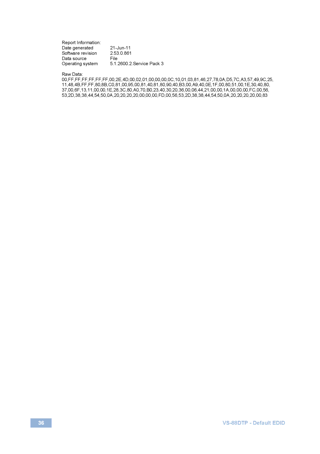 Kramer Electronics user manual VS-88DTP Default Edid 