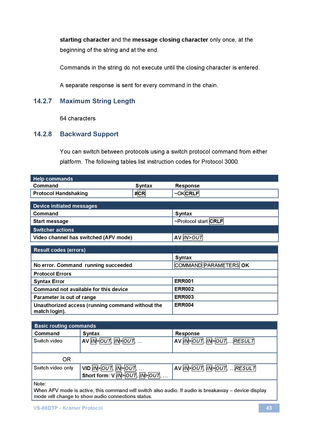 Kramer Electronics VS-88DTP user manual Maximum String Length, Backward Support 