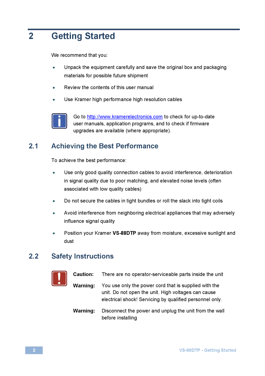 Kramer Electronics VS-88DTP user manual Getting Started, Achieving the Best Performance, Safety Instructions 