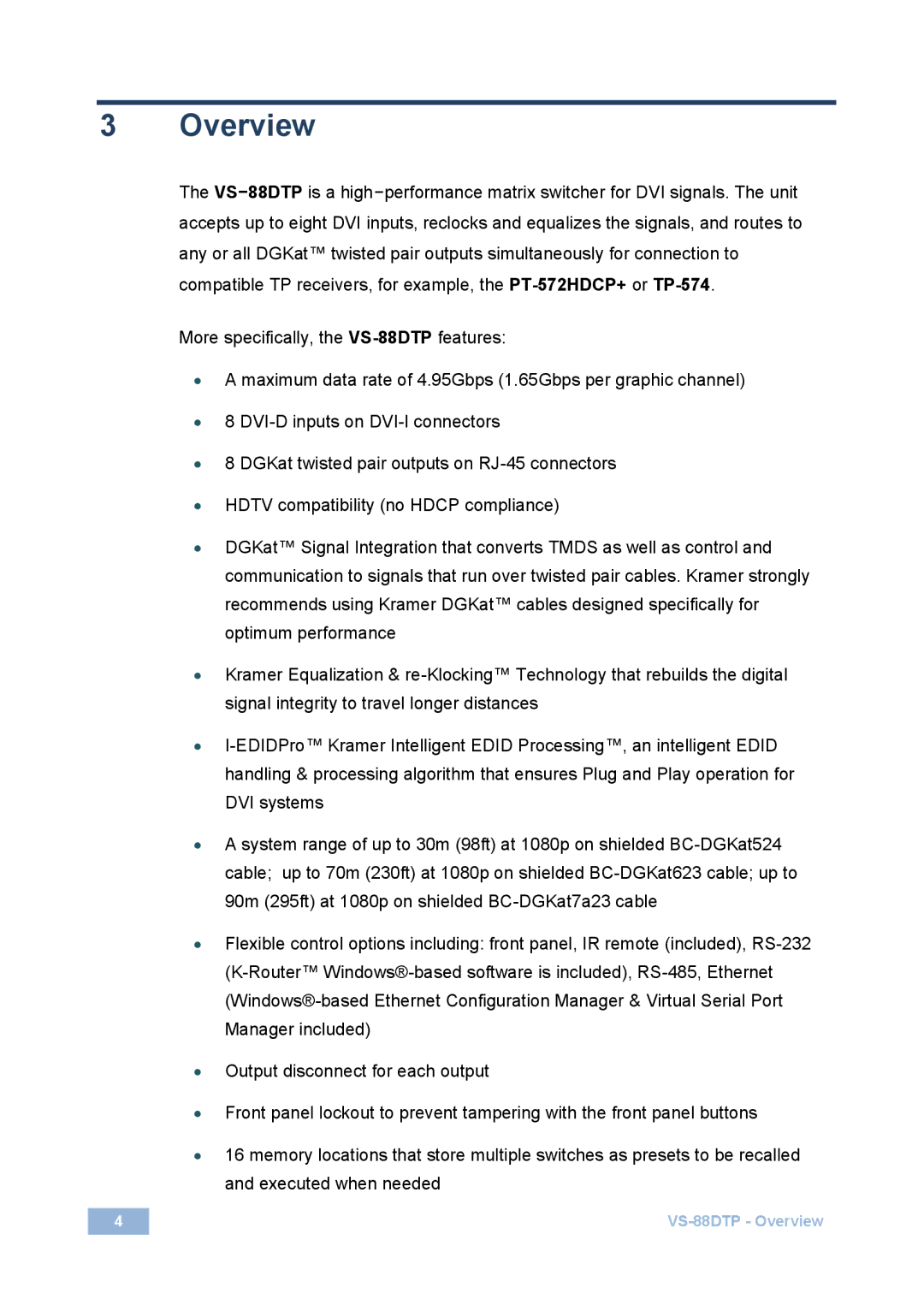 Kramer Electronics VS-88DTP user manual Overview 