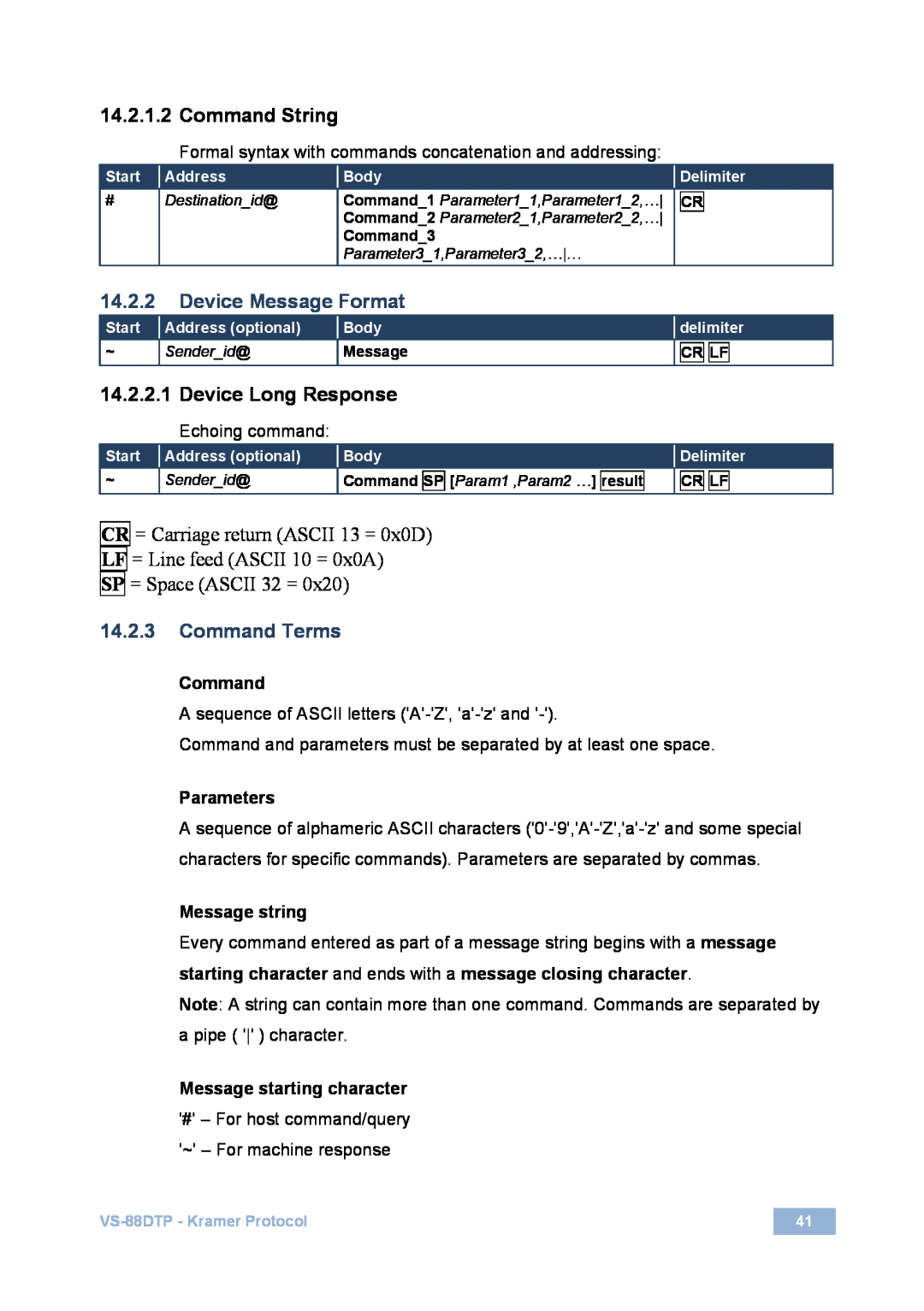 Kramer Electronics VS-88DTP Command String, 14.2.2, Device Message Format, Device Long Response, Command Terms, Parameters 