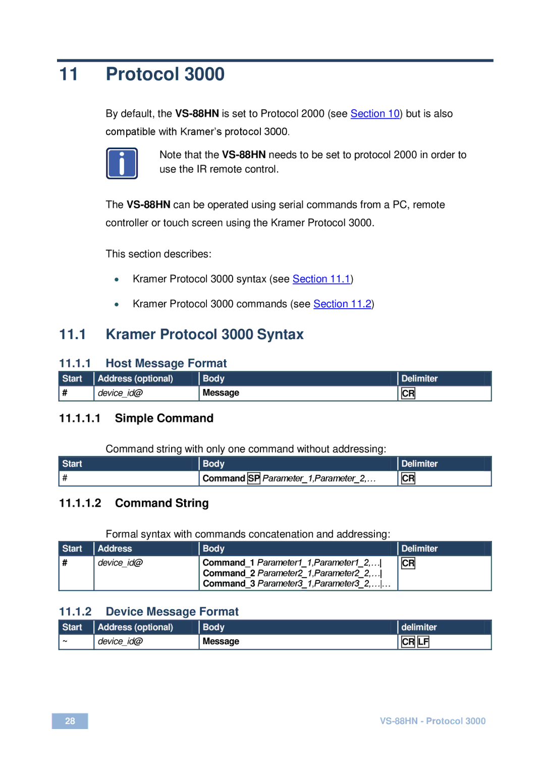 Kramer Electronics VS-88HN user manual Kramer Protocol 3000 Syntax, Host Message Format, Device Message Format 