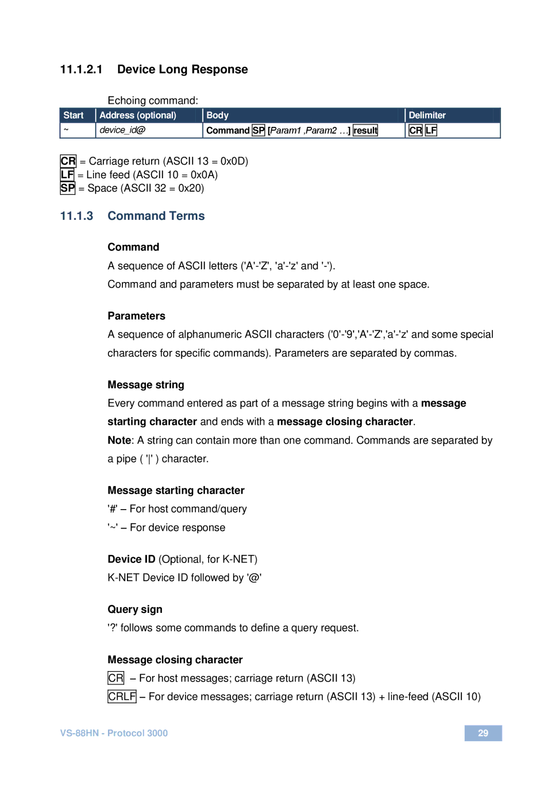 Kramer Electronics VS-88HN user manual Device Long Response, Command Terms 