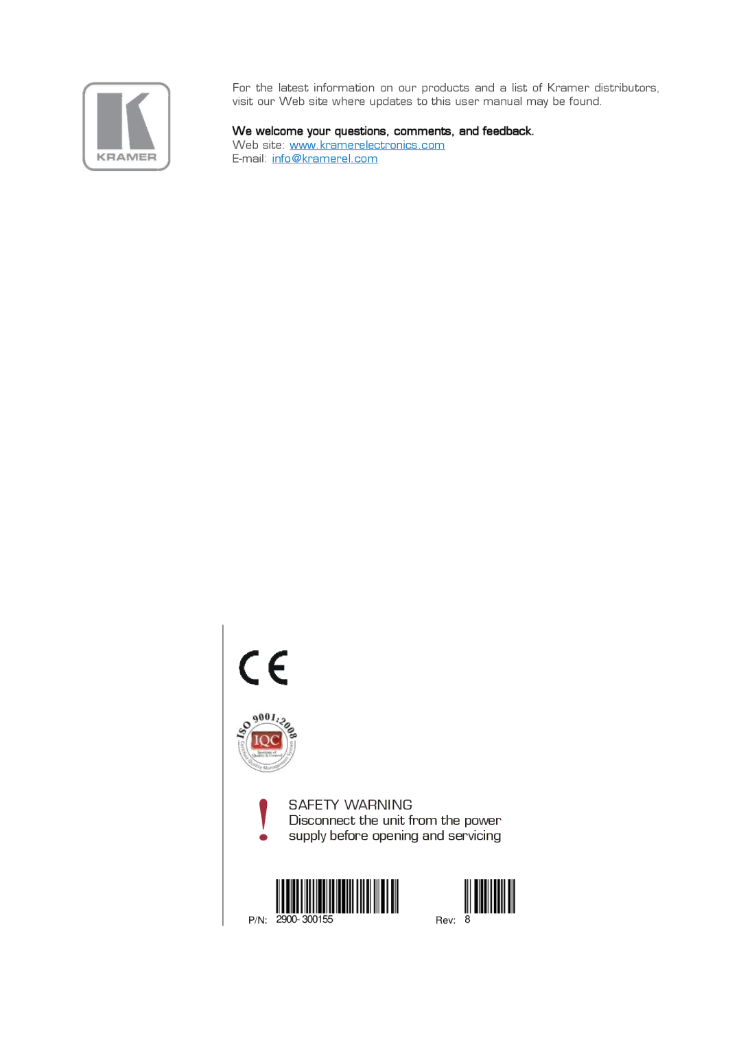 Kramer Electronics VS-88HN user manual Safety Warning 