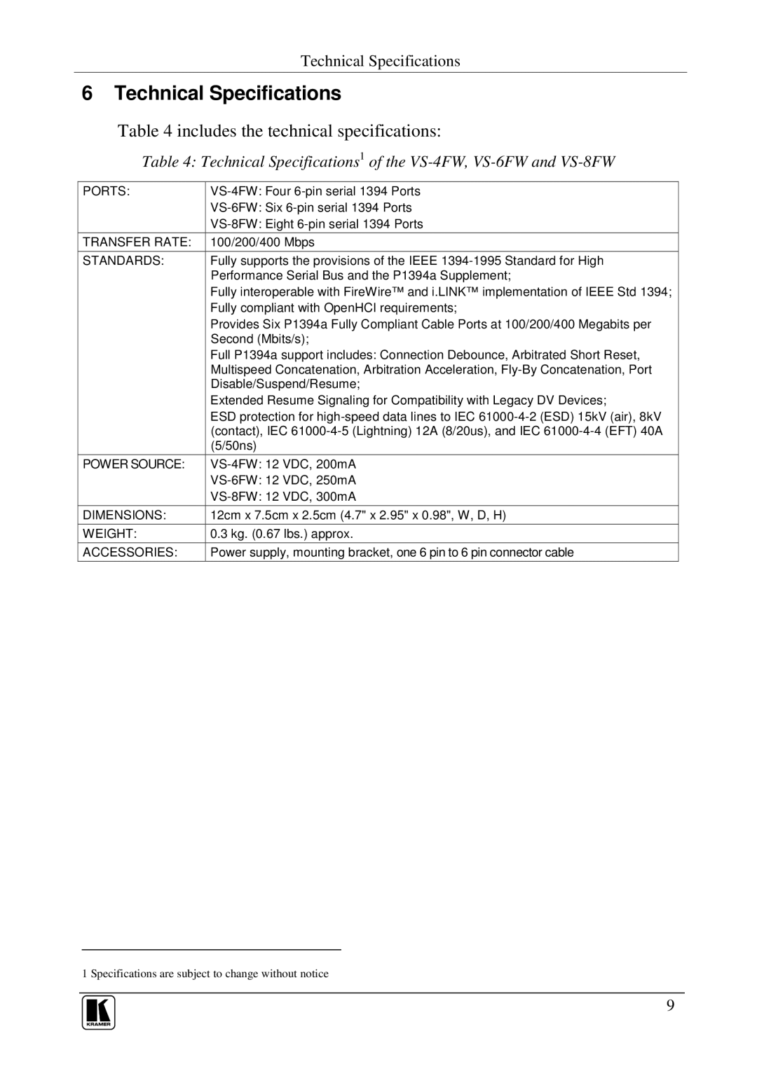 Kramer Electronics VS-6FW, VS-8FW, VS-4FW user manual Technical Specifications, Includes the technical specifications 