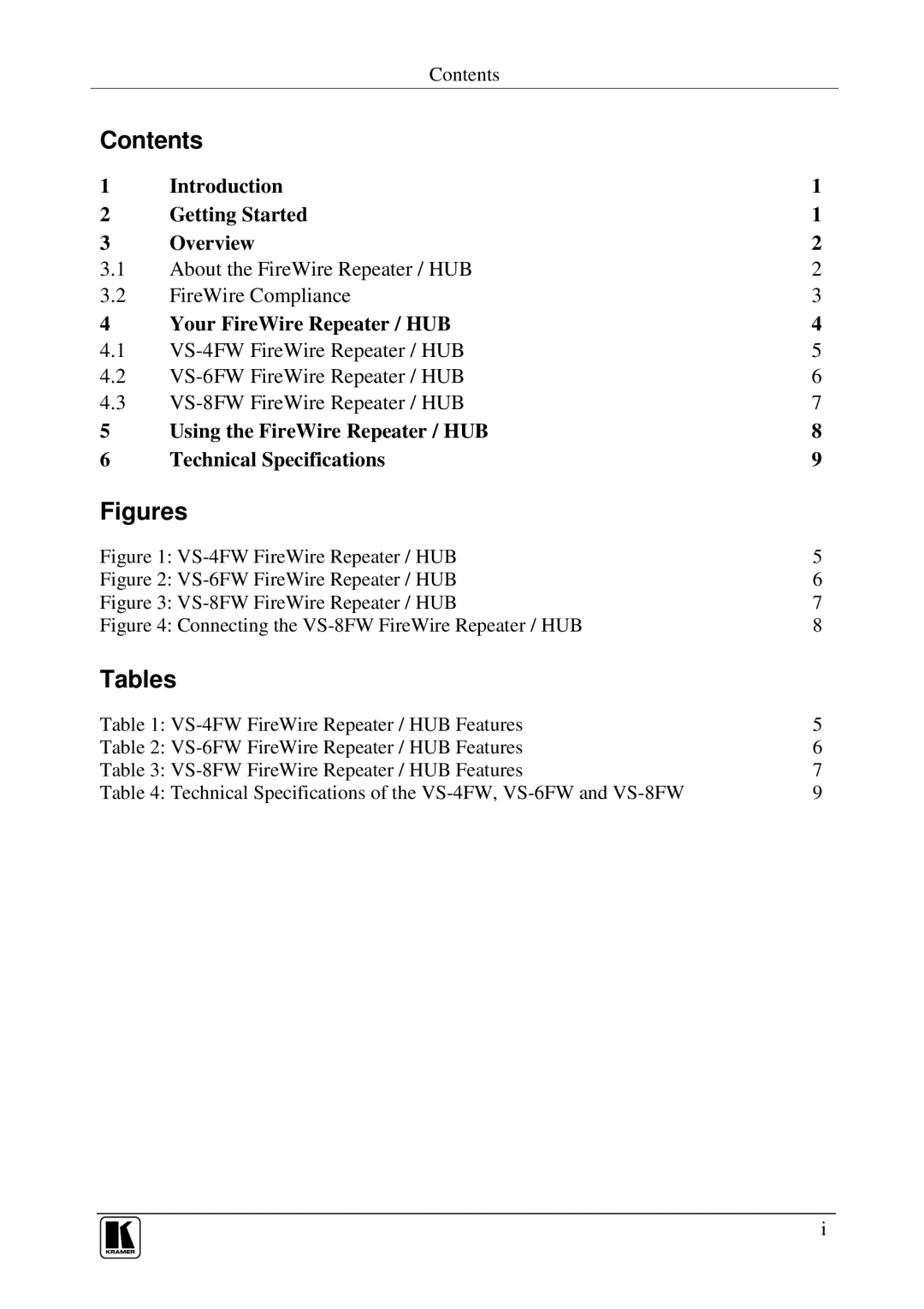 Kramer Electronics VS-6FW, VS-8FW, VS-4FW user manual Contents, Tables 