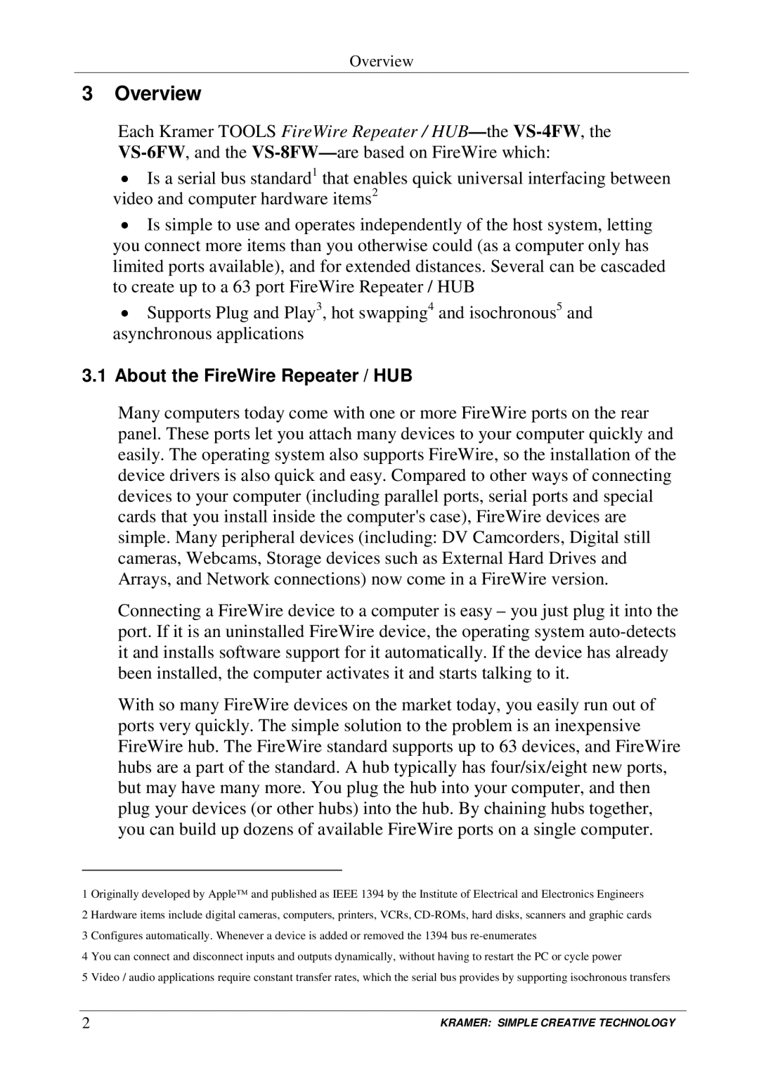 Kramer Electronics VS-4FW, VS-8FW, VS-6FW user manual Overview, About the FireWire Repeater / HUB 