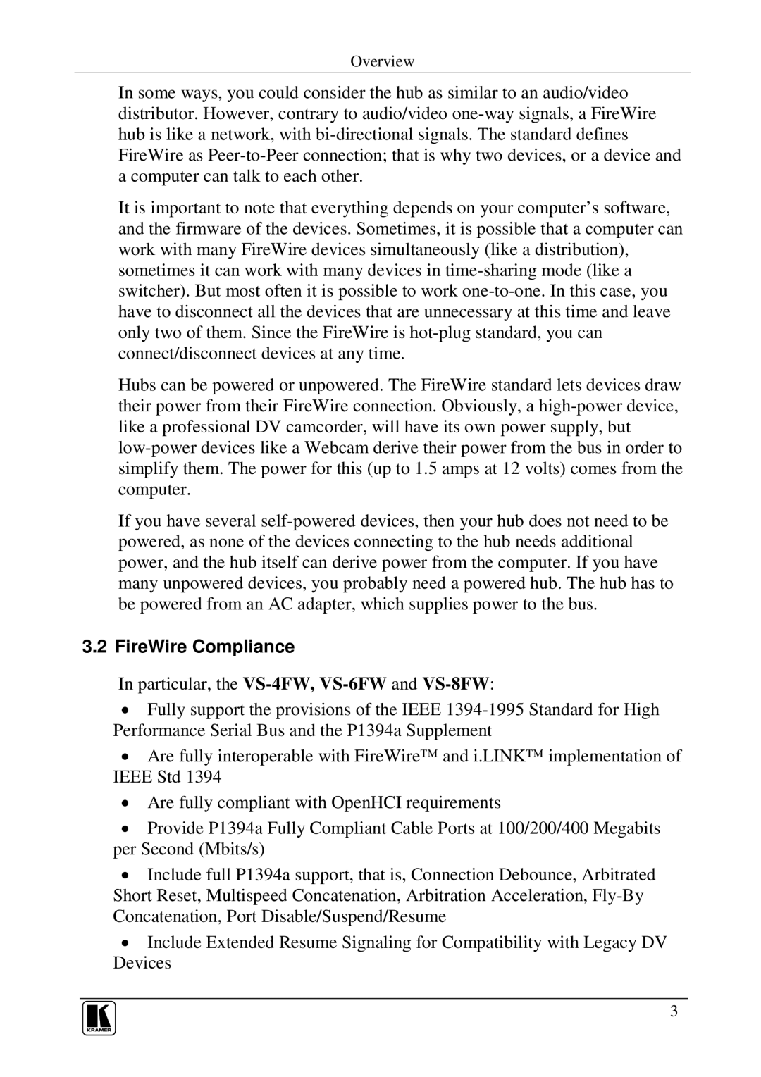 Kramer Electronics VS-6FW, VS-8FW, VS-4FW user manual FireWire Compliance 