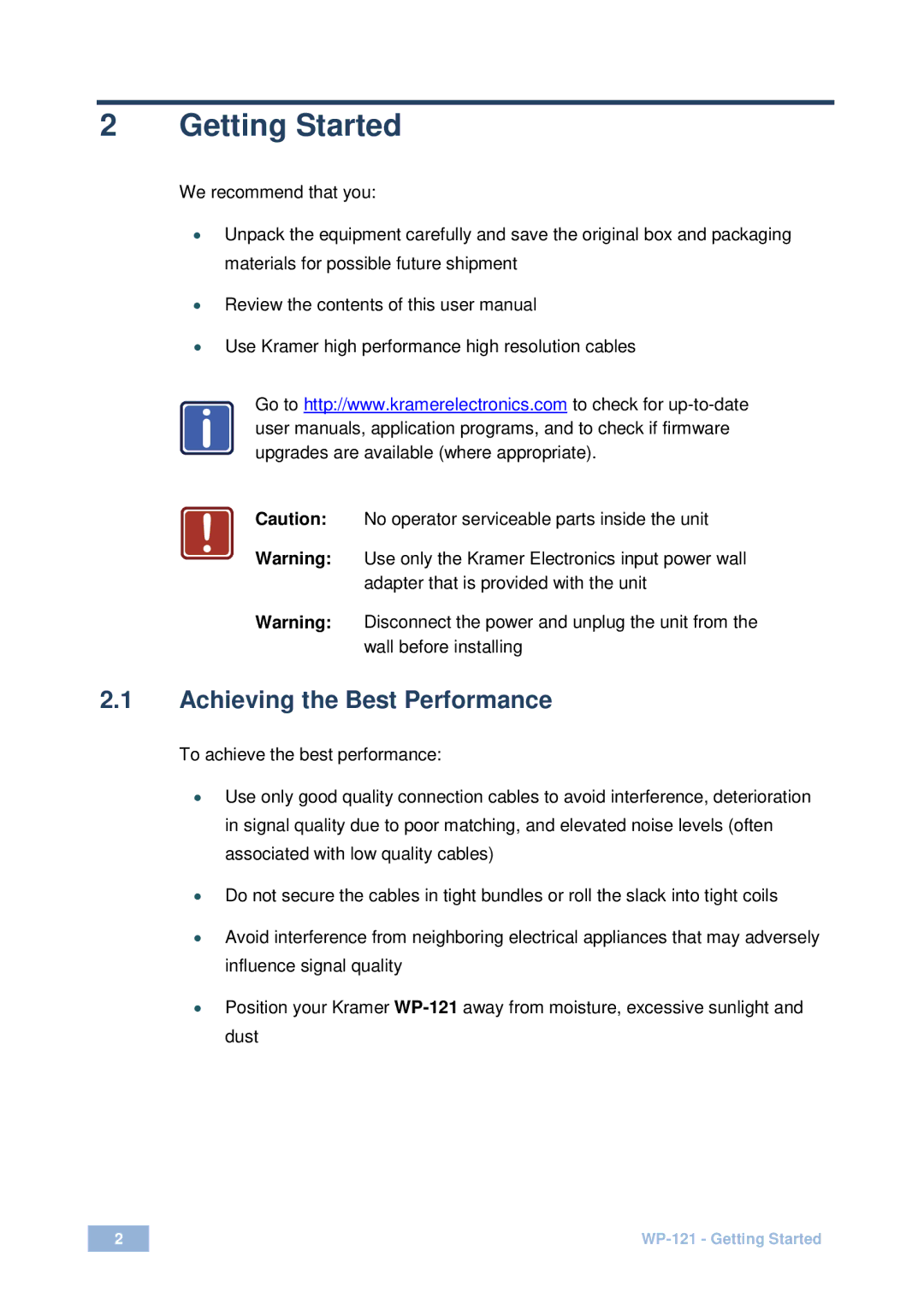 Kramer Electronics WP-121 user manual Getting Started, Achieving the Best Performance 