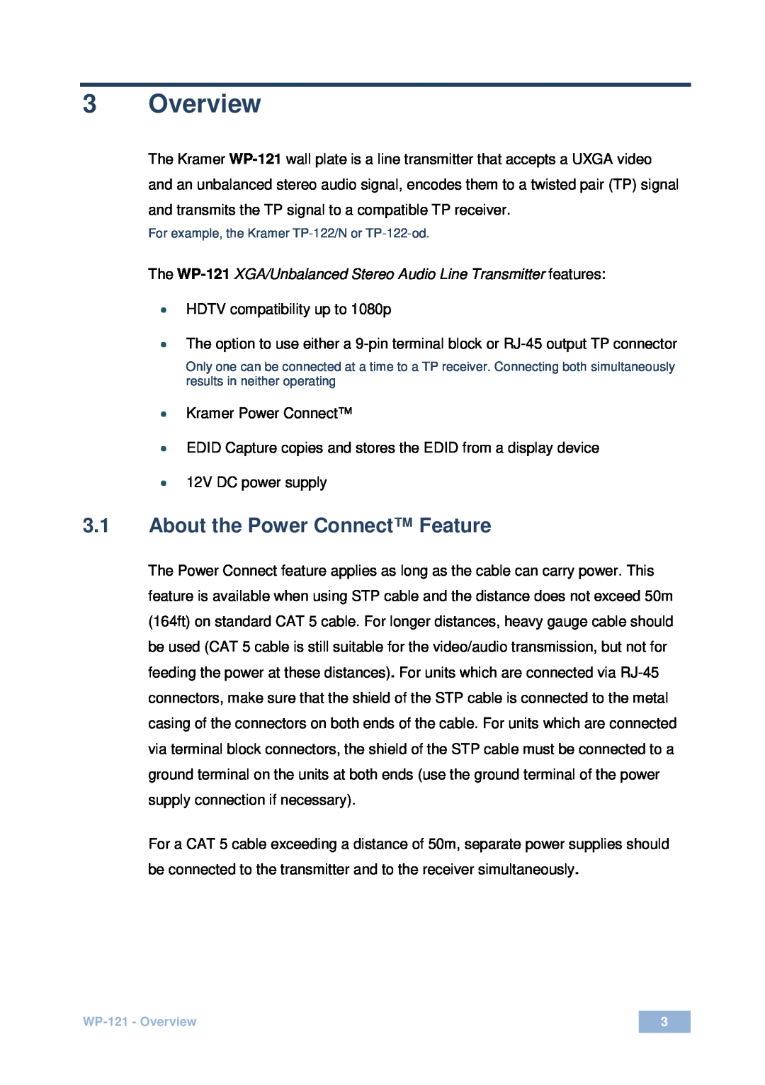 Kramer Electronics WP-121 user manual Overview, 3.1About the Power Connect Feature 