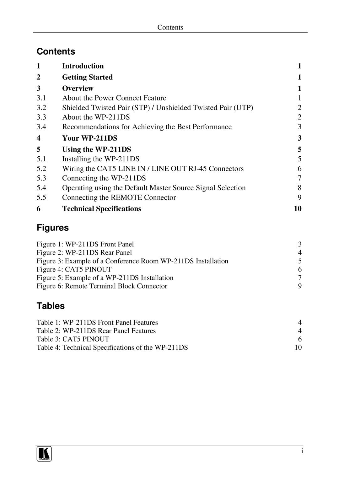 Kramer Electronics WP-211DS user manual Contents, Tables 