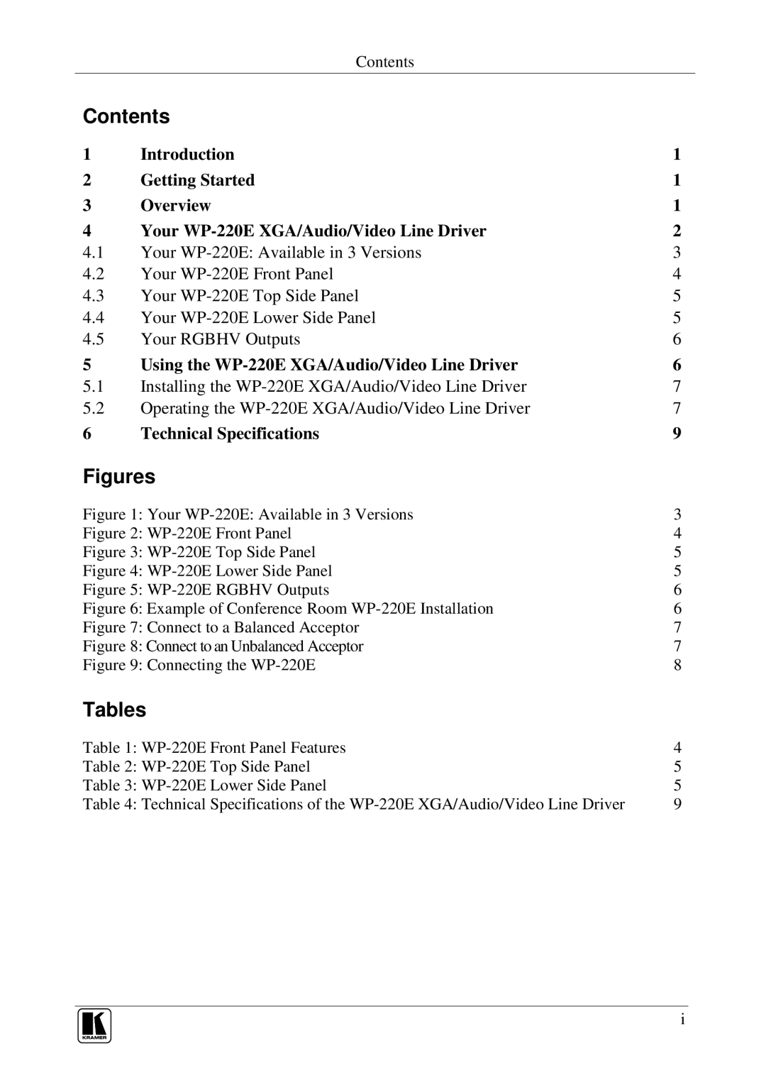 Kramer Electronics WP-220E user manual Contents, Tables 