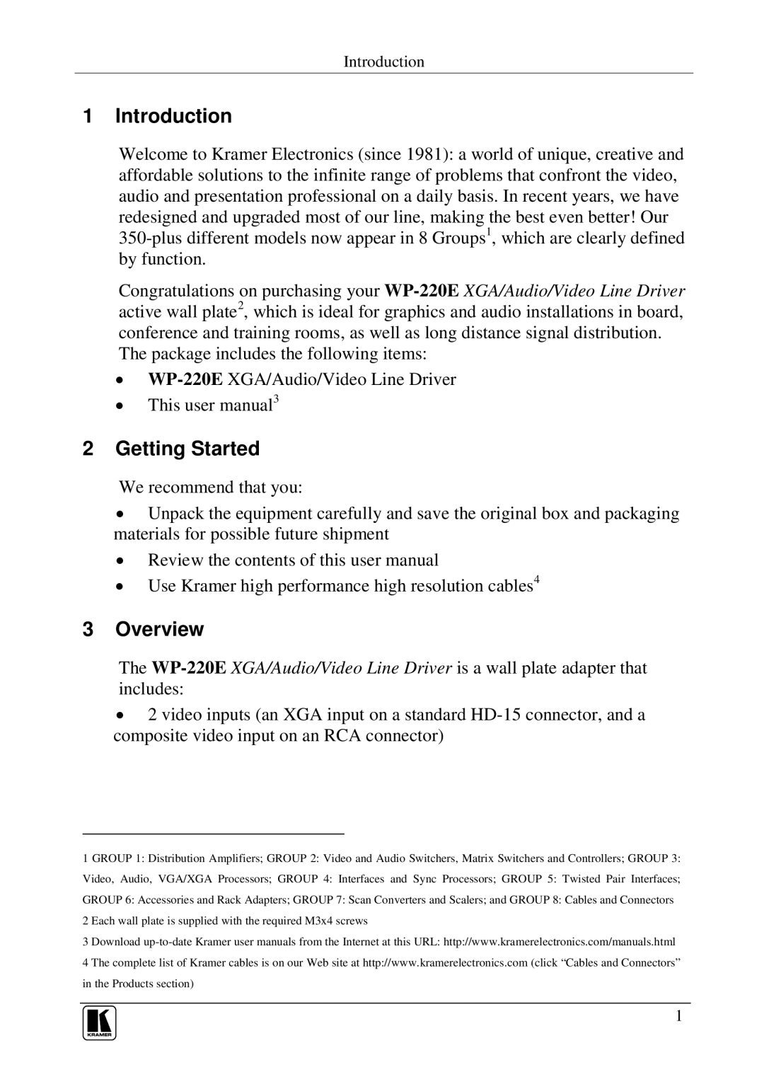 Kramer Electronics WP-220E user manual Introduction, Getting Started, Overview 