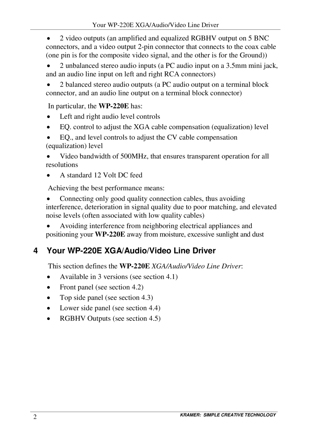 Kramer Electronics user manual Your WP-220E XGA/Audio/Video Line Driver 