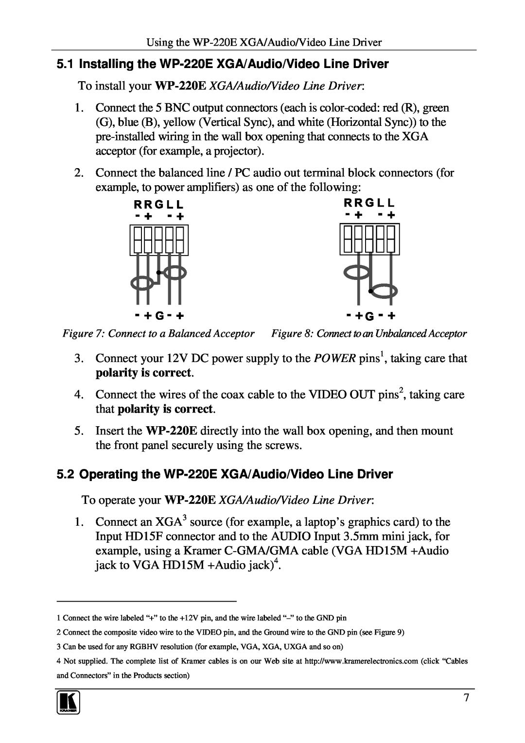 Kramer Electronics WP-220E user manual Connect to a Balanced Acceptor, Connect to an Unbalanced Acceptor 