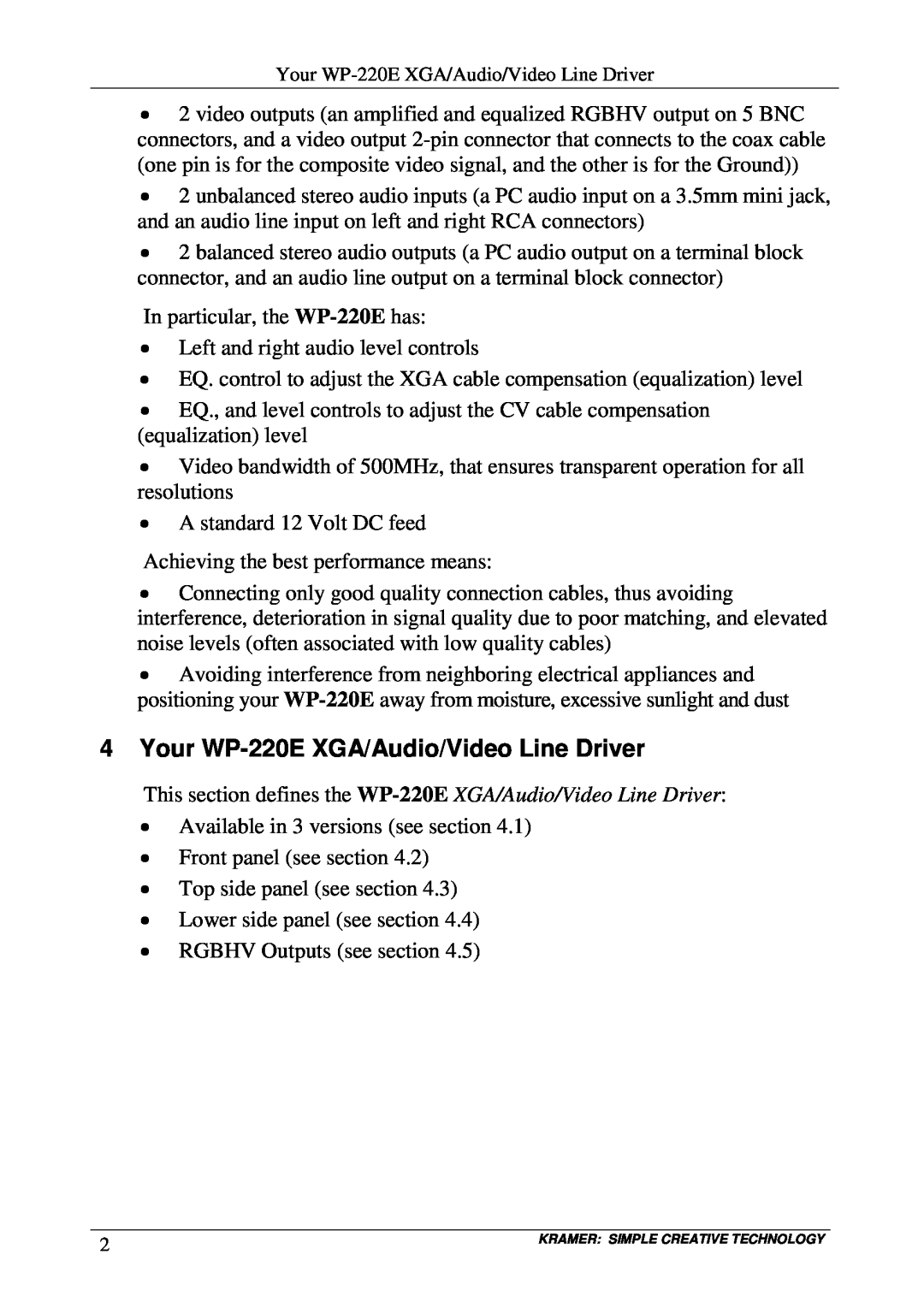 Kramer Electronics user manual Your WP-220EXGA/Audio/Video Line Driver 