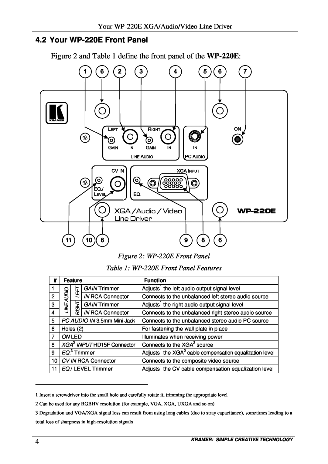 Kramer Electronics user manual WP-220EFront Panel Features, Function, On Led 