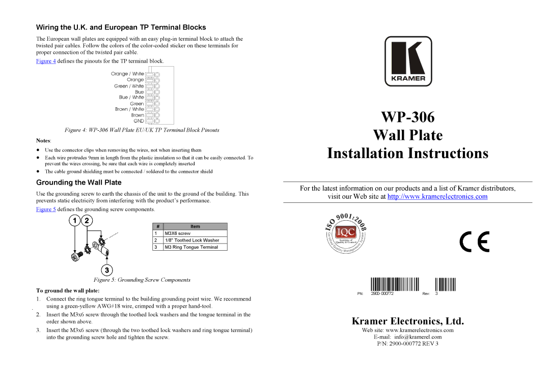 Kramer Electronics WP-306 manual Wiring the U.K. and European TP Terminal Blocks, Grounding the Wall Plate 