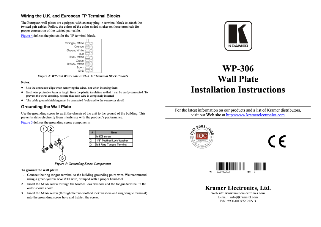 Kramer Electronics WP-306 manual Wiring the U.K. and European TP Terminal Blocks, Grounding the Wall Plate 