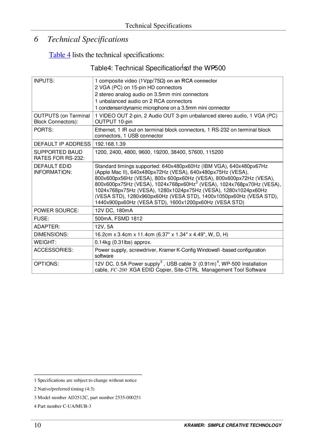 Kramer Electronics user manual Technical Specifications 1 of the WP-500 