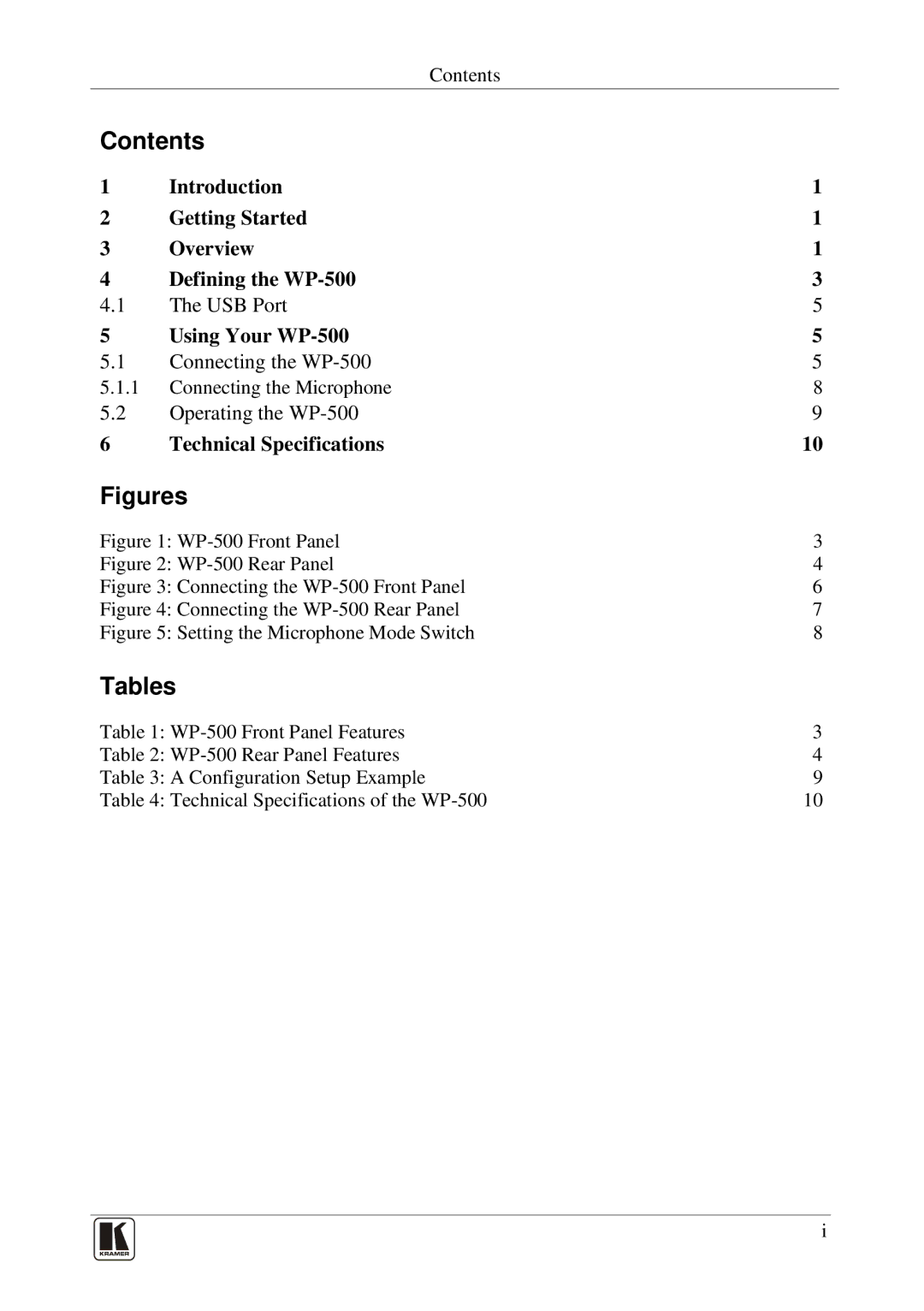 Kramer Electronics WP-500 user manual Contents, Tables 