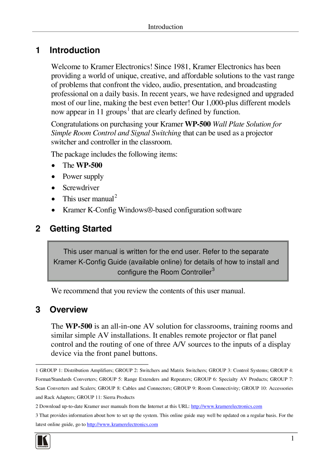 Kramer Electronics WP-500 user manual Introduction, Getting Started, Overview 