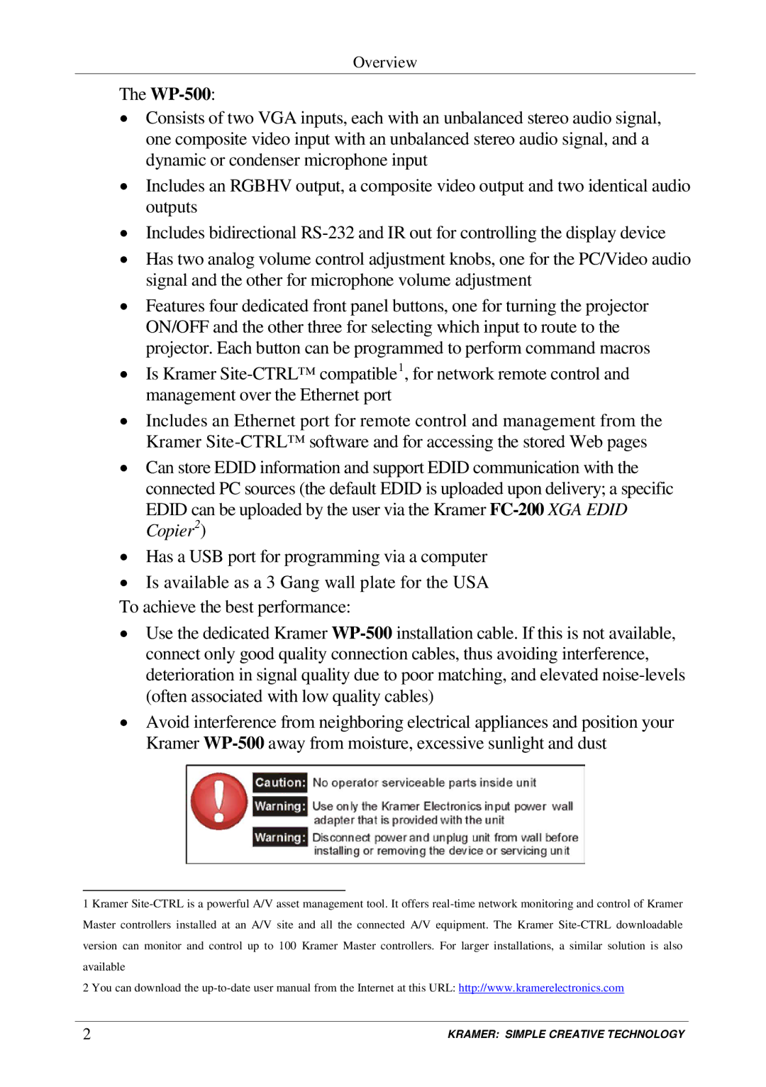 Kramer Electronics WP-500 user manual Overview 