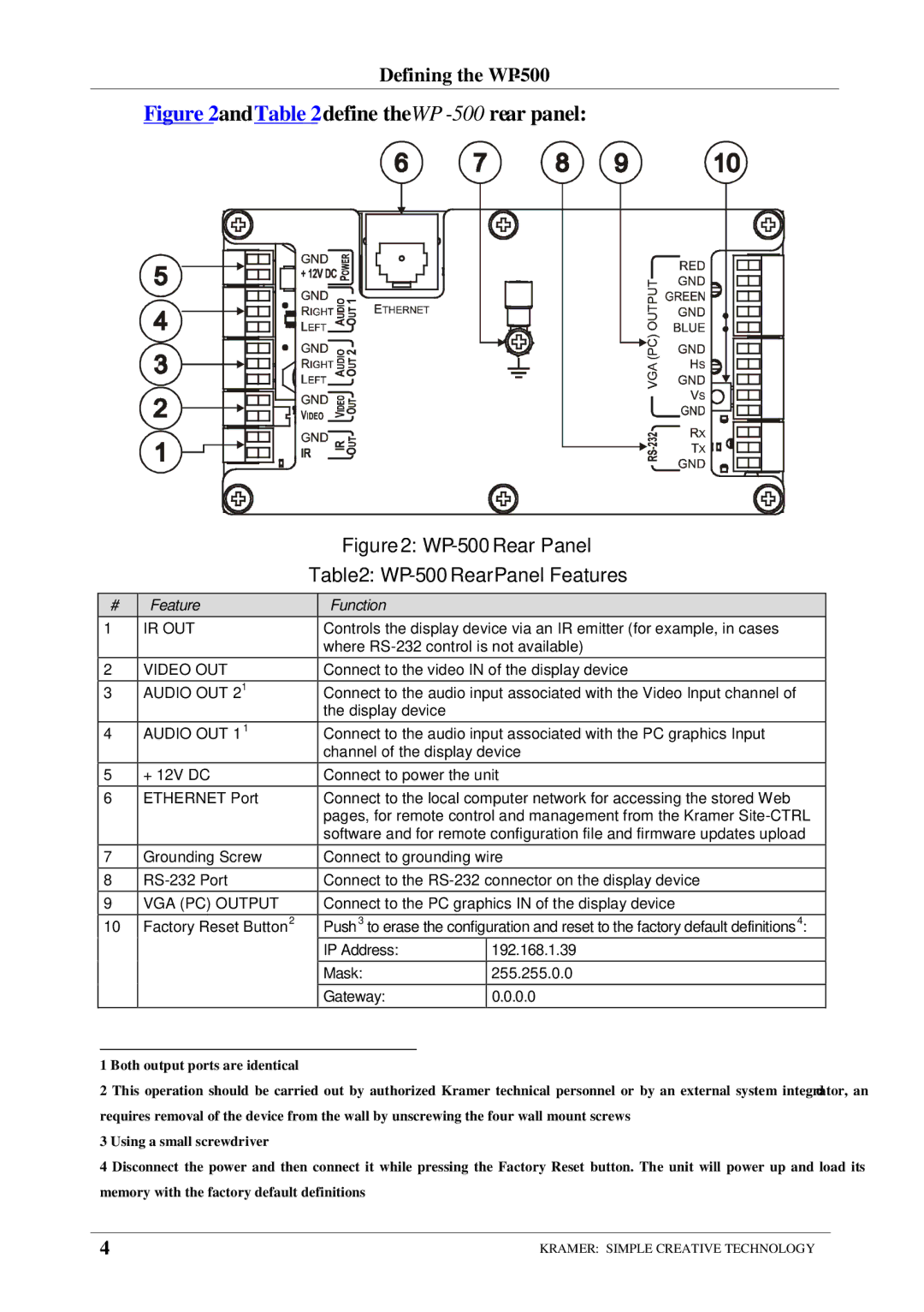 Kramer Electronics user manual WP-500 Rear Panel Features 