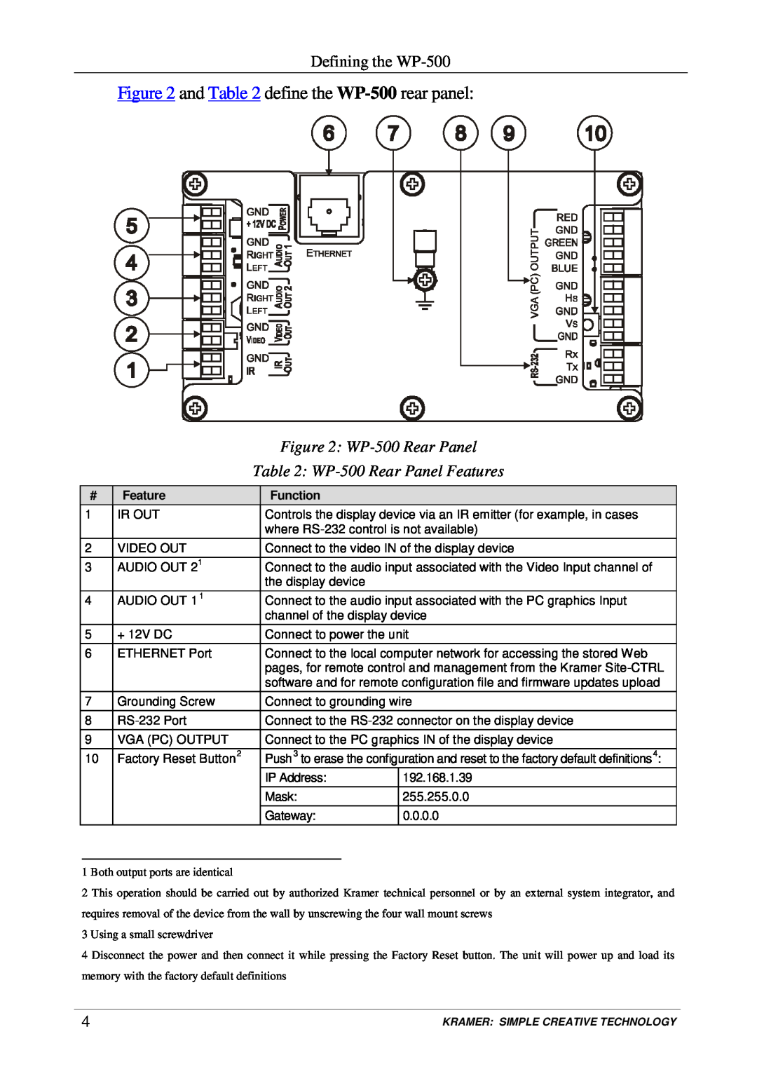 Kramer Electronics user manual Defining the WP-500, WP-500Rear Panel Features, Function 