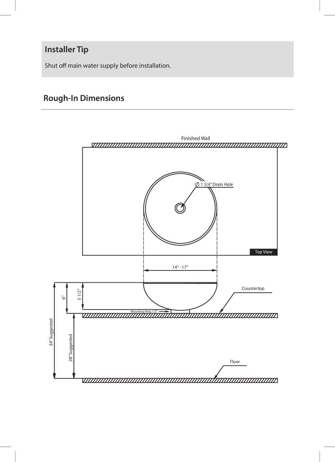 Kraus USA C-GV-398-19mm-1005ORB installation manual Installer Tip, Rough-In Dimensions 