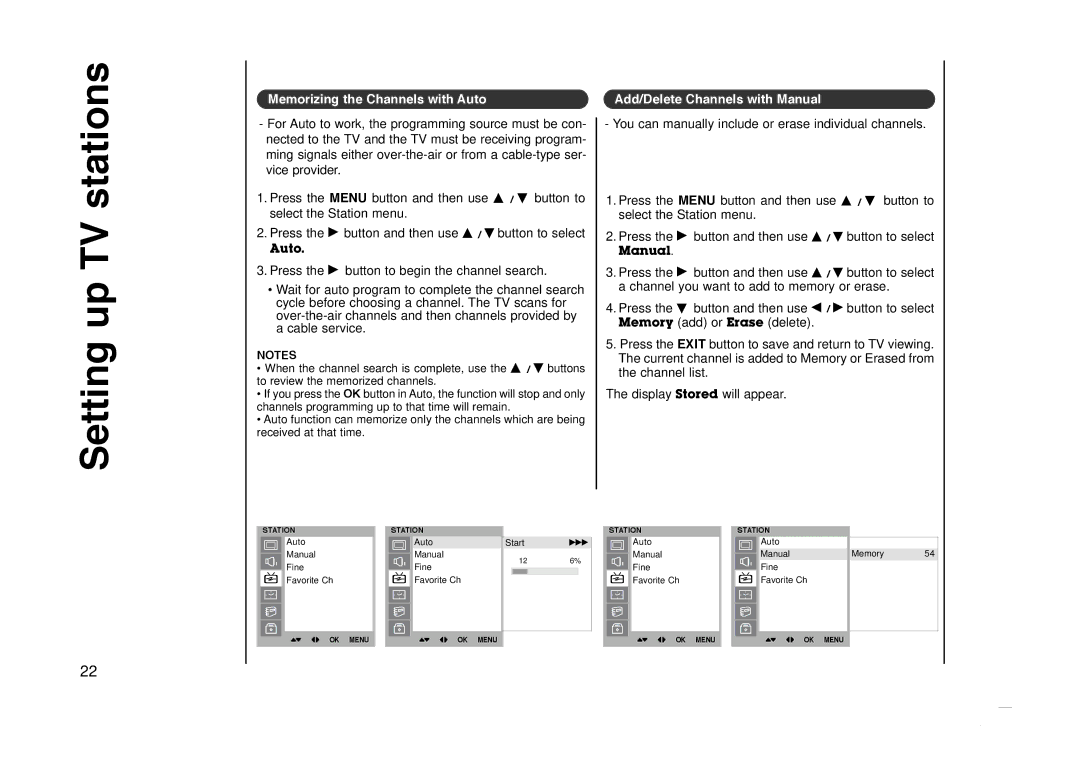 Kreisen KR-270T owner manual Setting up TV stations, Memorizing the Channels with Auto, Add/Delete Channels with Manual 