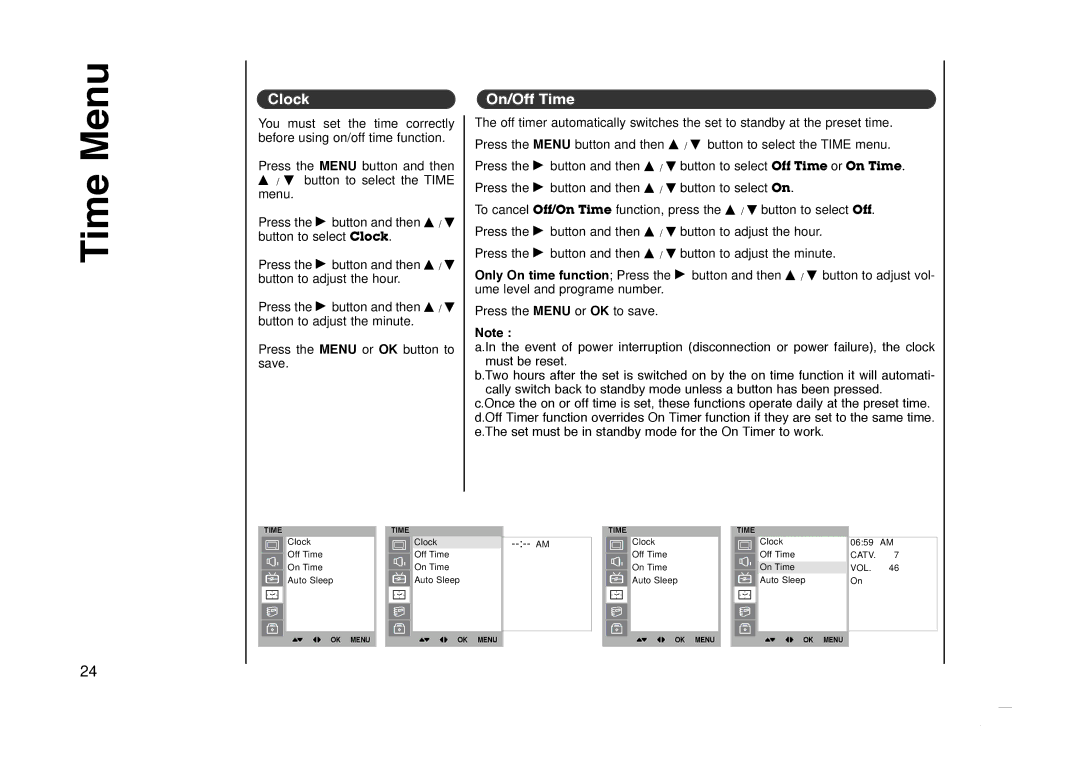 Kreisen KR-270T owner manual Time Menu, Clock, On/Off Time 