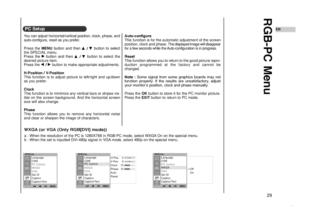 Kreisen KR-270T owner manual PC Menu, PC Setup, Wxga or VGA Only Rgbdvi mode 