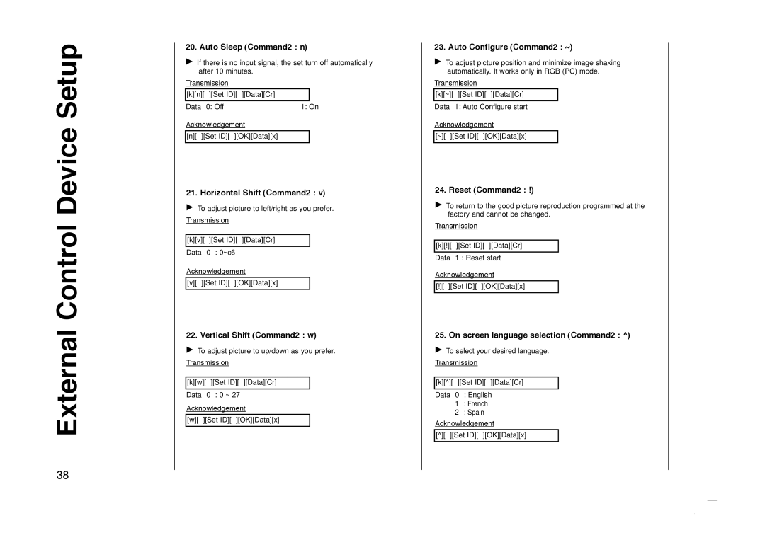 Kreisen KR-270T Auto Sleep Command2 n, Horizontal Shift Command2, Vertical Shift Command2 w, Auto Configure Command2 ~ 