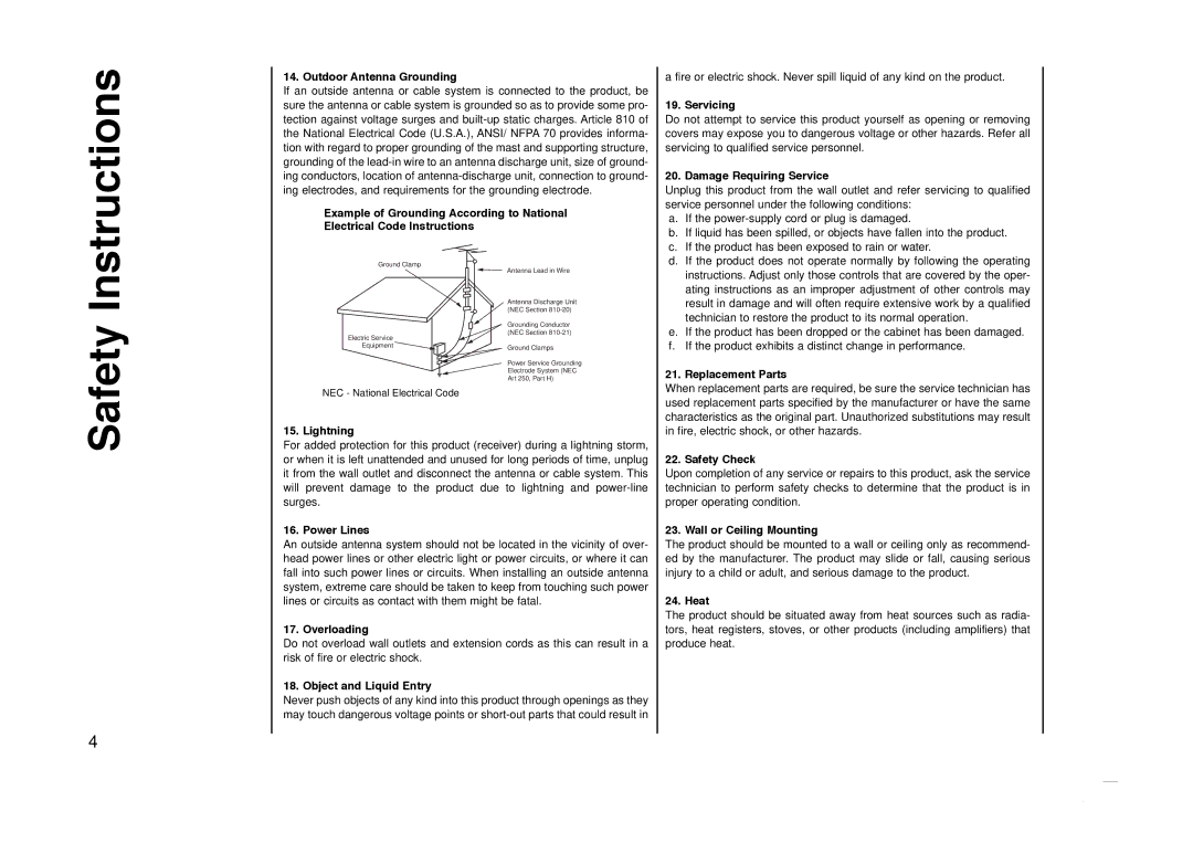 Kreisen KR-270T owner manual Safety Instructions, Outdoor Antenna Grounding 