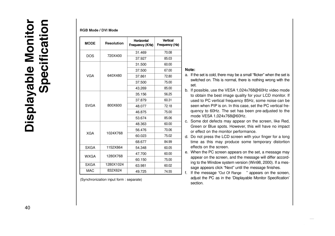 Kreisen KR-270T owner manual Displayable Monitor Specification, RGB Mode / DVI Mode, Resolution 