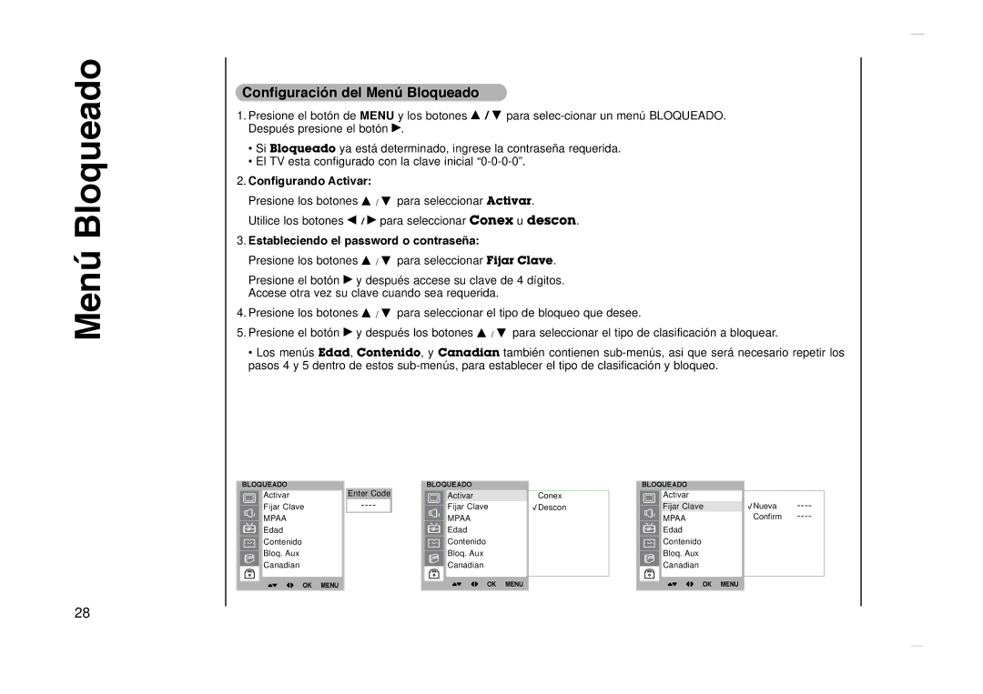 Kreisen KR-270T Configuraci-n del Menœ Bloqueado, Configurando Activar, Estableciendo el password o contrase-a 