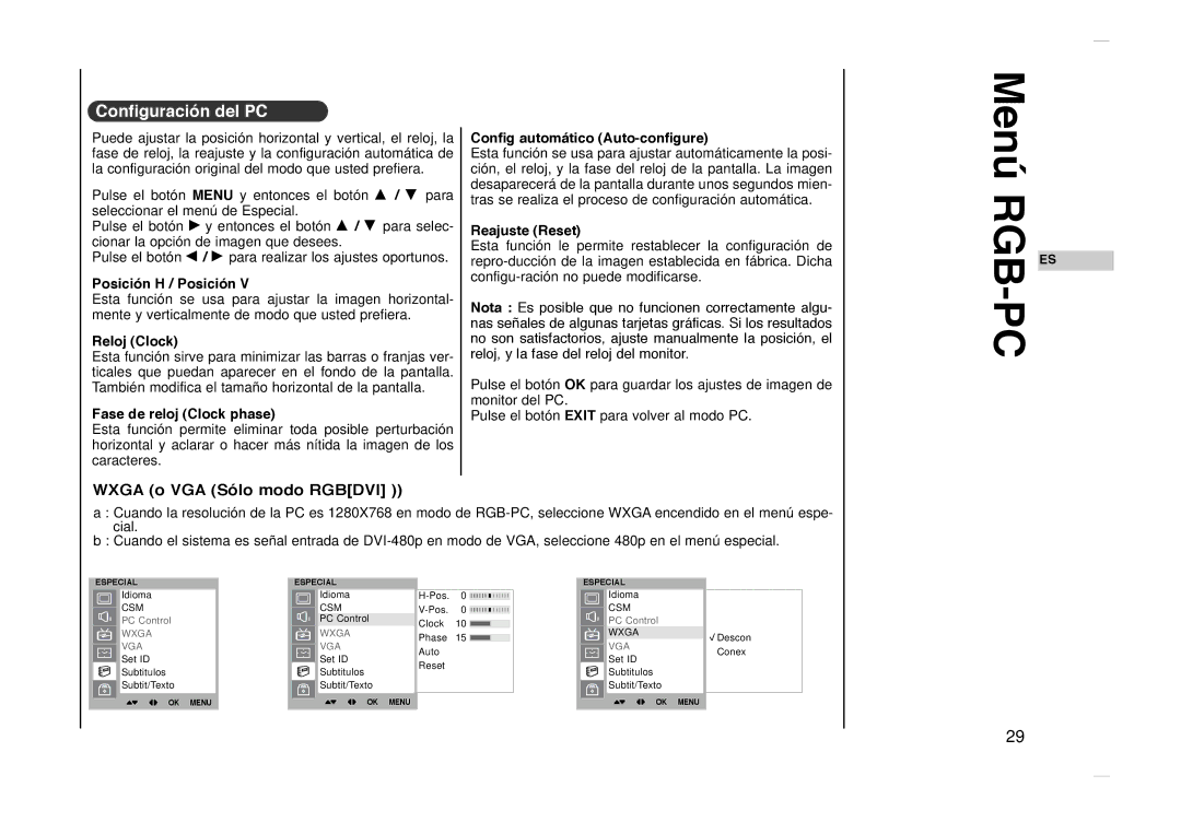 Kreisen KR-270T owner manual Menœ RGB-PC, Configuraci-n del PC, Wxga o VGA S-lo modo Rgbdvi 