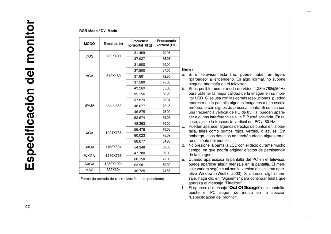 Kreisen KR-270T owner manual Especificaci-n del monitor, Nota 