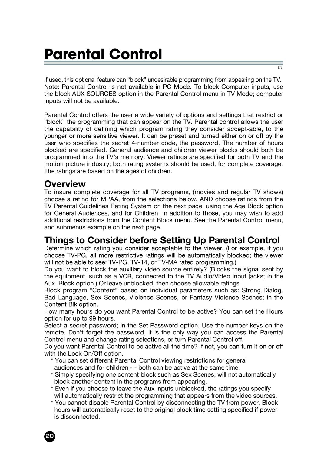 Kreisen KR-320T owner manual Overview, Things to Consider before Setting Up Parental Control 