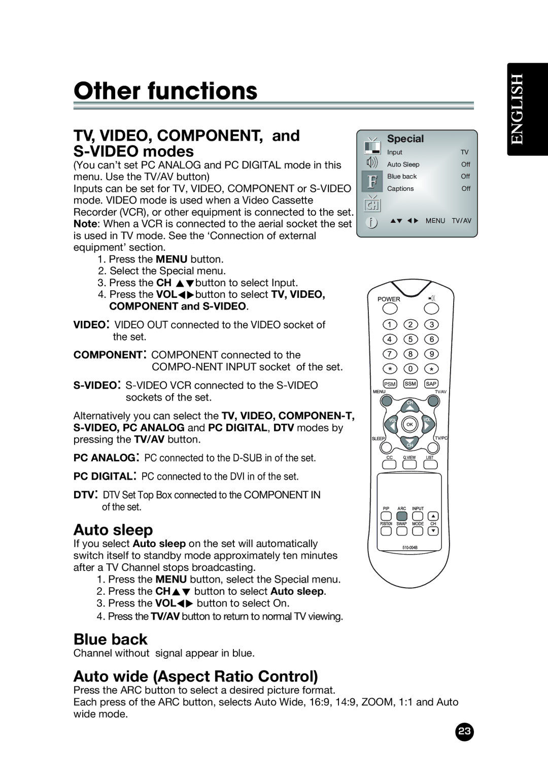 Kreisen KR-320T owner manual Other functions, TV, VIDEO, COMPONENT, and S-VIDEO modes, Auto sleep, Blue back 