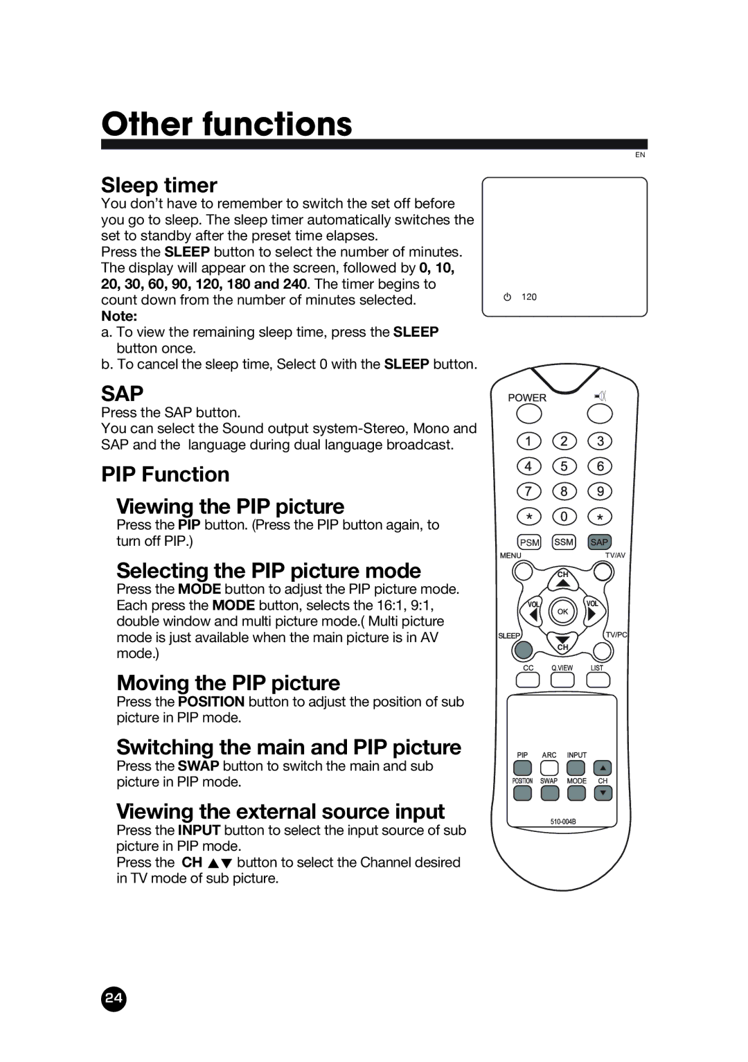 Kreisen KR-320T Sleep timer, PIP Function Viewing the PIP picture, Selecting the PIP picture mode, Moving the PIP picture 