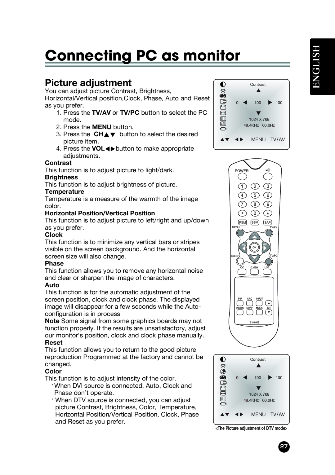 Kreisen KR-320T owner manual Connecting PC as monitor, Picture adjustment 