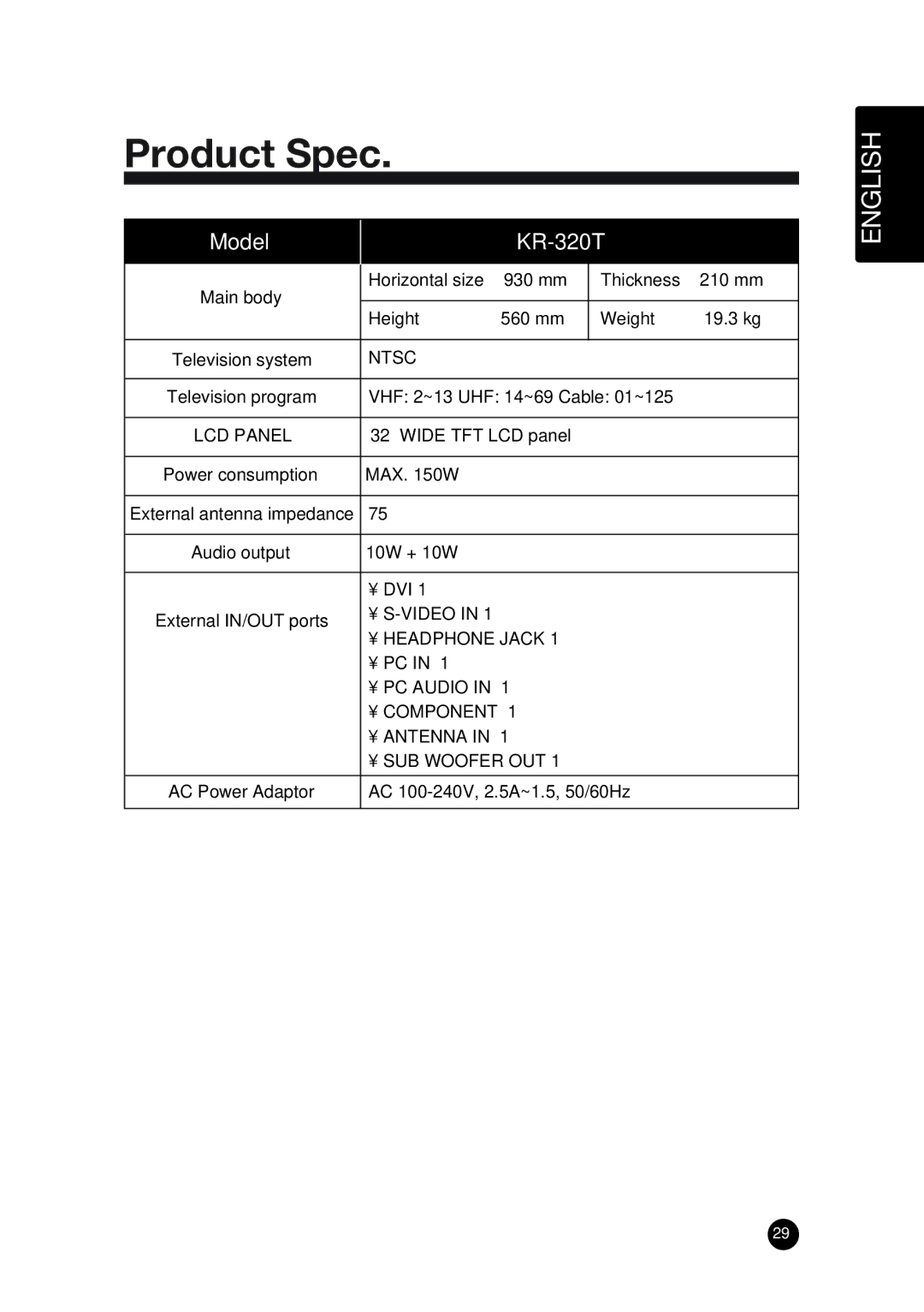 Kreisen owner manual Product Spec, Model KR-320T 