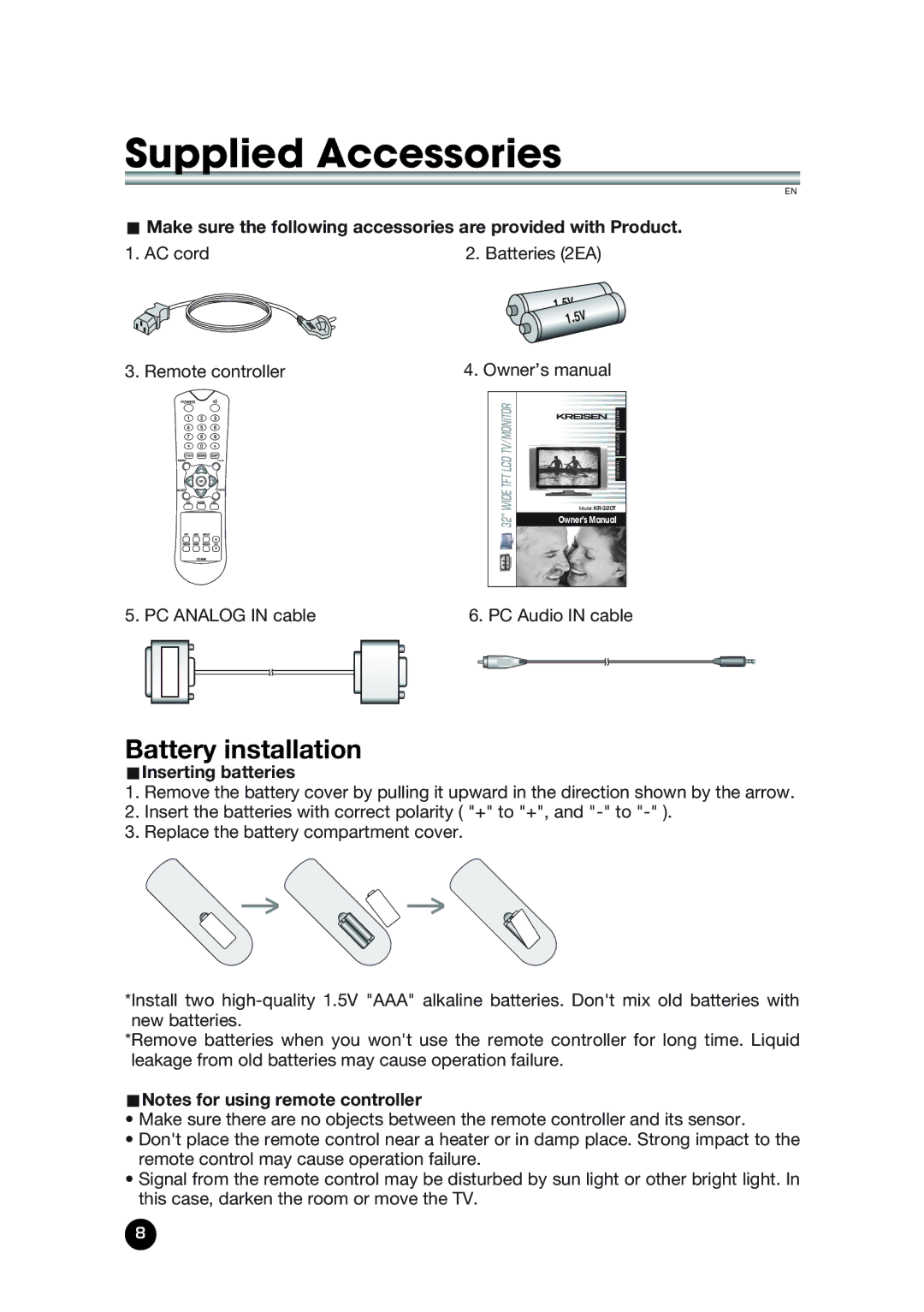 Kreisen KR-320T Supplied Accessories, Battery installation, UInserting batteries, UNotes for using remote controller 