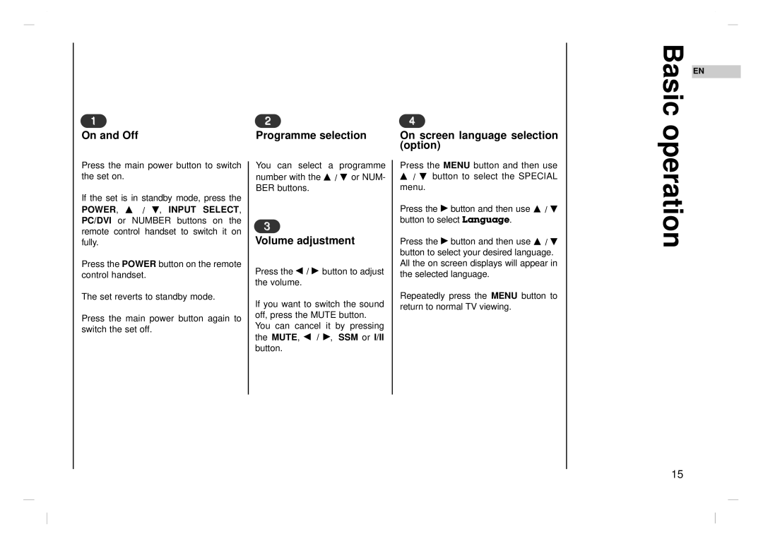 Kreisen KR-370T Basic, Operation, On and Off Programme selection, On screen language selection option, Volume adjustment 