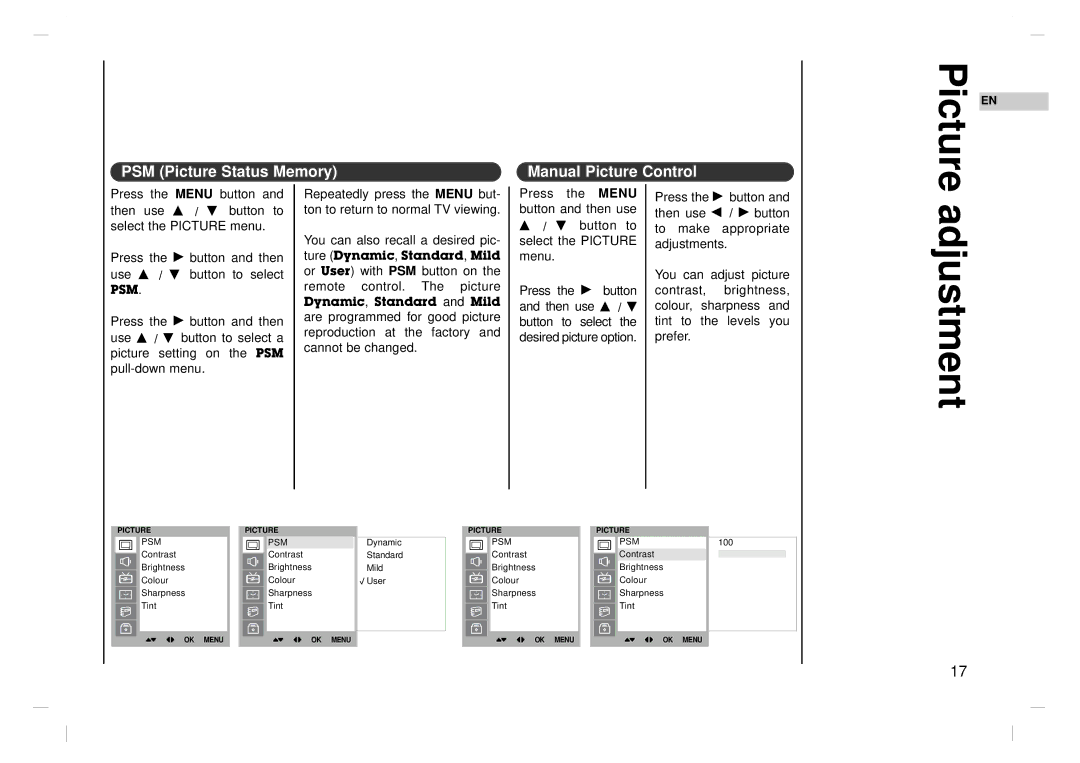Kreisen KR-370T owner manual Adjustment, PSM Picture Status Memory Manual Picture Control 