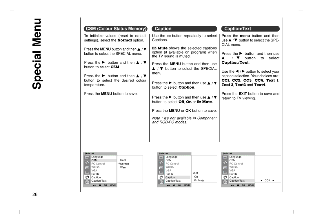 Kreisen KR-370T owner manual Special Menu, CSM Colour Status Memory, Caption/Text 