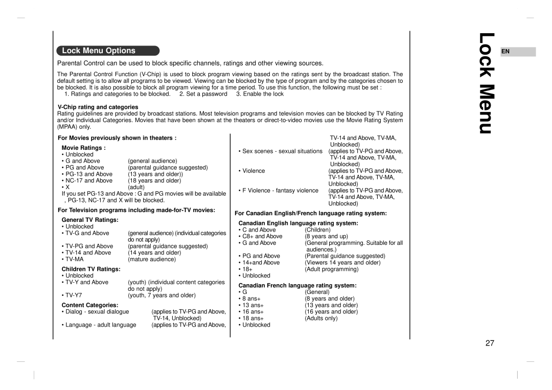 Kreisen KR-370T owner manual Lock Menu Options 