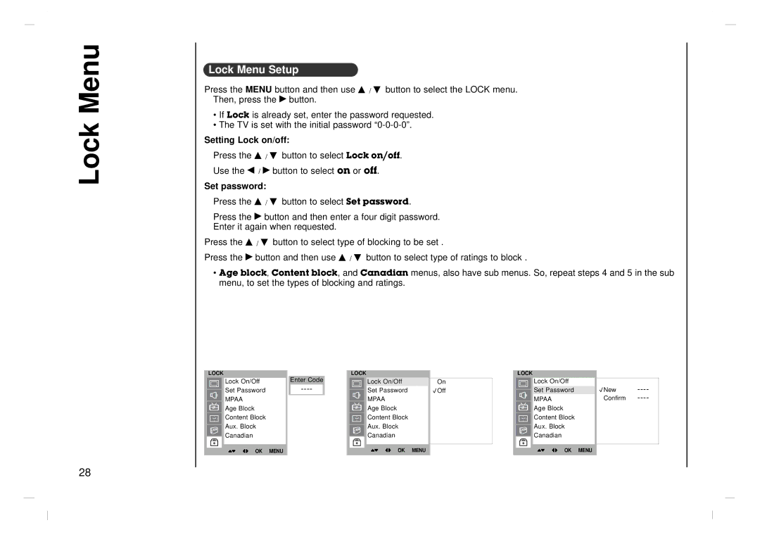 Kreisen KR-370T owner manual Lock Menu Setup, Setting Lock on/off, Set password 